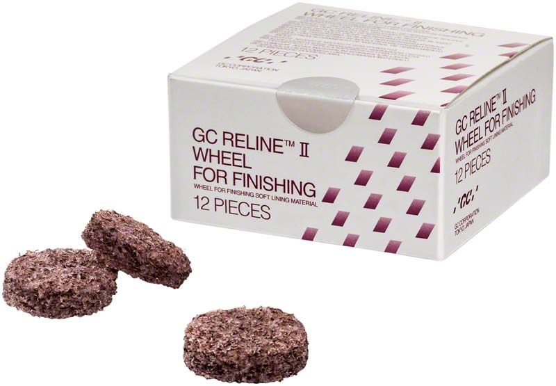 Verpackung und drei GC Reline™ II Finishing-Räder in Nahaufnahme.