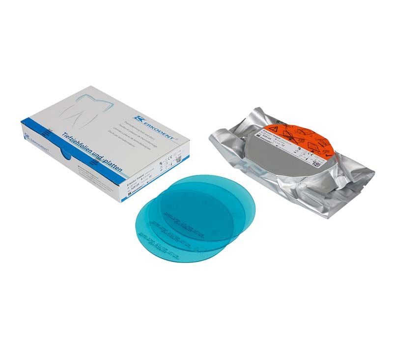 Transparente, türkisfarbene Erkodur-Platten mit Verpackung, ideal für dentalmedizinische Anwendungen.