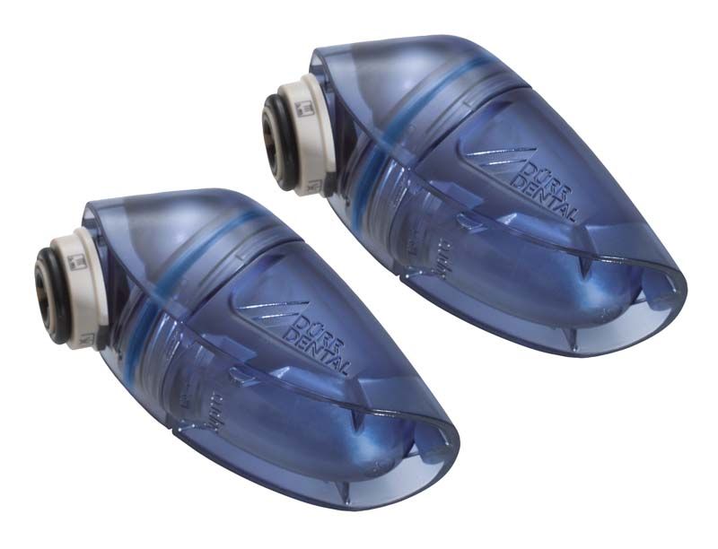 Zwei blaue MyLUNOS® Pulverbehälter für dentale Anwendungen.