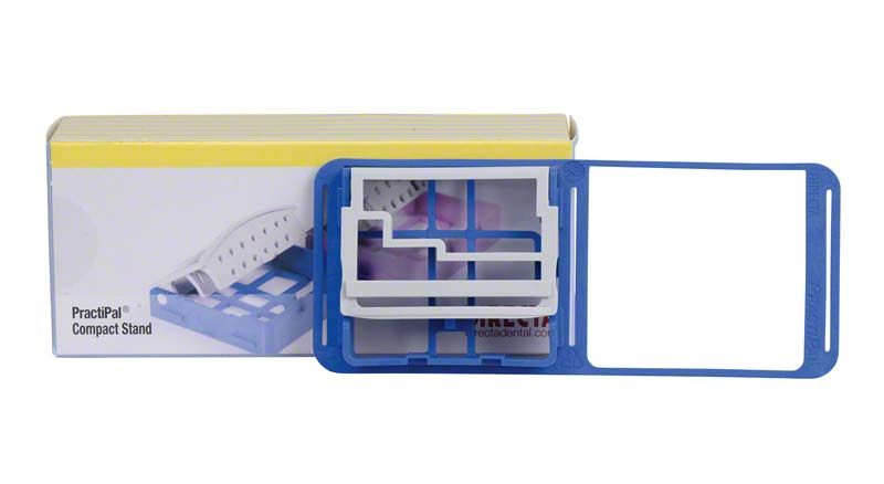 Blauer PractiPal® Compact Bohrerständer mit Verpackung im Hintergrund.
