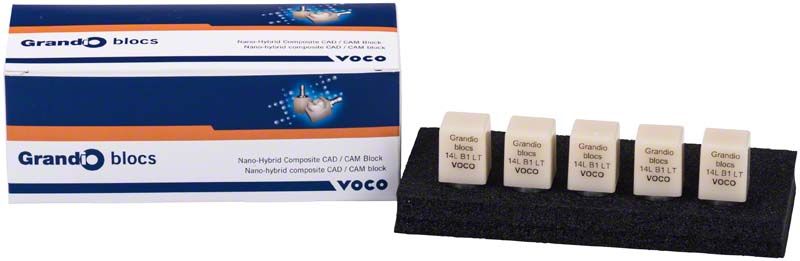 Grandio blocs LT Gr. 14L B1 CAD/CAM-Blöcke in Verpackung und auf Schaumstoffhalter.