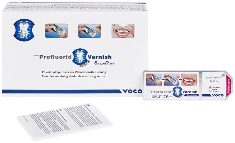 VOCO Profluorid Varnish SingleDose Verpackung mit Bubble Gum-Geschmack.