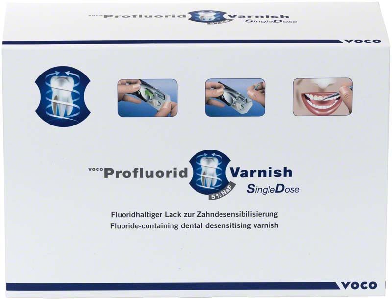 VOCO Profluorid® Varnish SingleDose Verpackung mit Anwendungsbildern und Produktname.