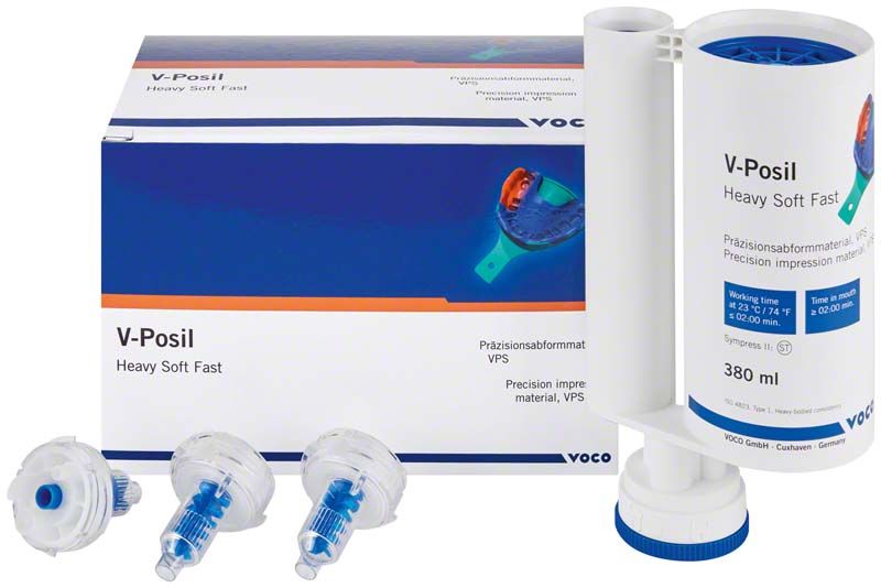 V-Posil Heavy Soft Fast 380ml Kartusche mit Zubehör und Verpackung.