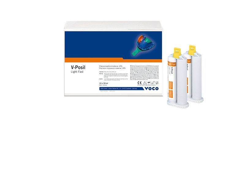 V-Posil Light Fast 10 x 50ml Abformsilikon mit Verpackung und Kartuschen.