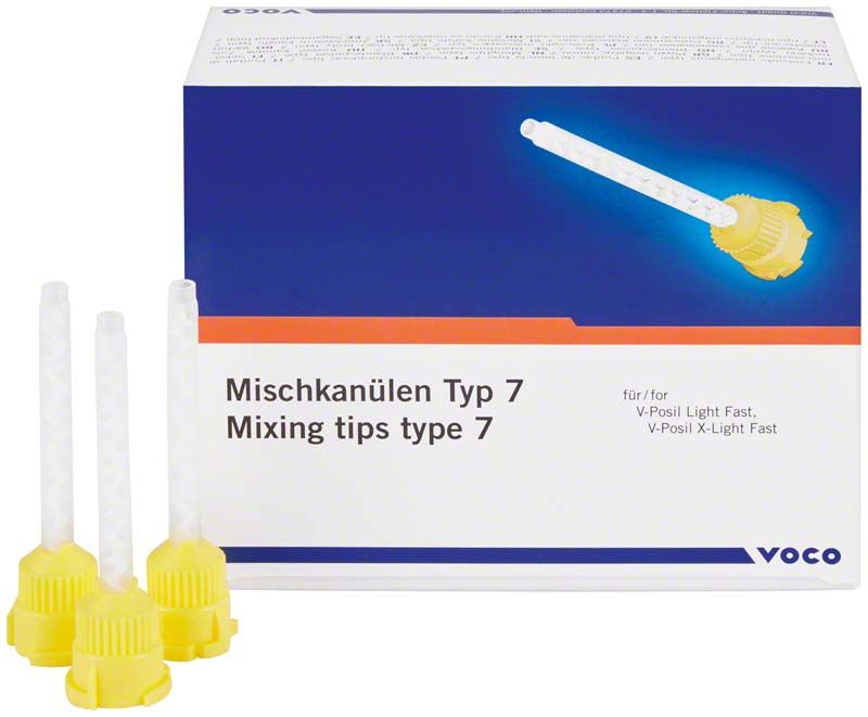 Mischkanülen Typ 7 in gelber Farbe mit Verpackung.