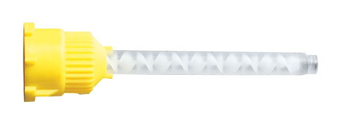 Gelbe Mischkanüle Typ 7 mit transparentem Mischrohr für dentalen Einsatz.