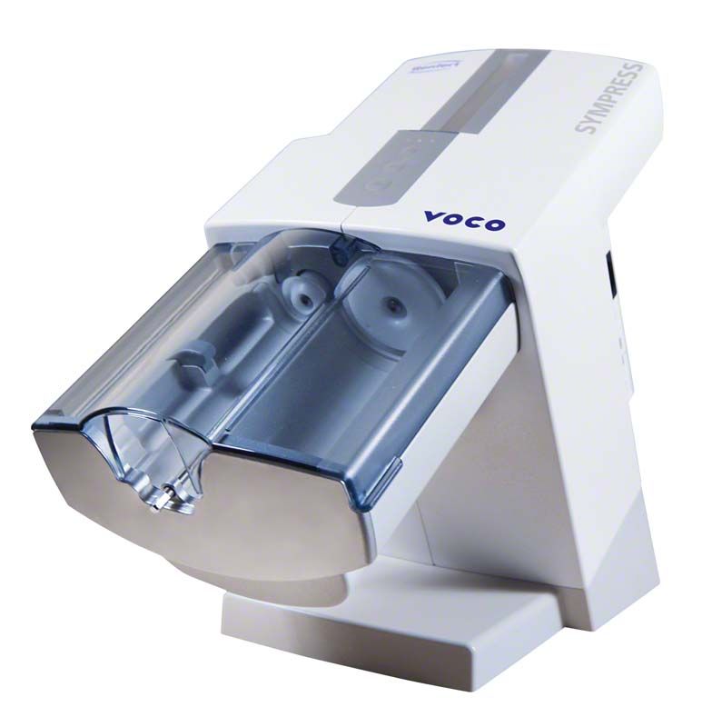 VOCO Dynamic Dispenser für Zahnmaterialien mit transparentem Gehäuse.