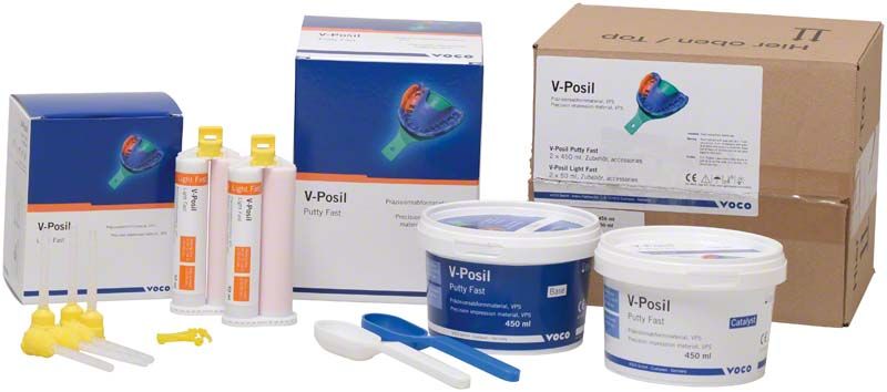 V-Posil Starter-Set mit Dosen, Kartuschen und Zubehör für dentale Abformungen.
