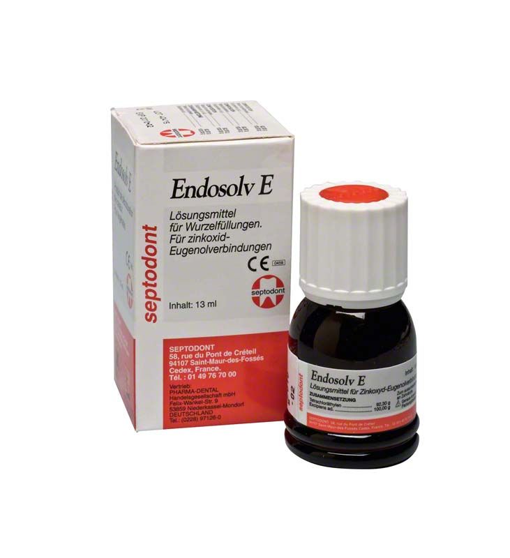 Endosolv E Lösungsmittel-Flasche 13ml neben Verpackung mit Produktinformationen.