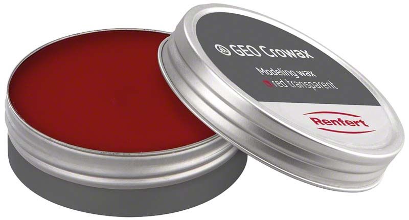GEO Crowax Modellierwachs rot-transparent in geöffneter Metalldose.
