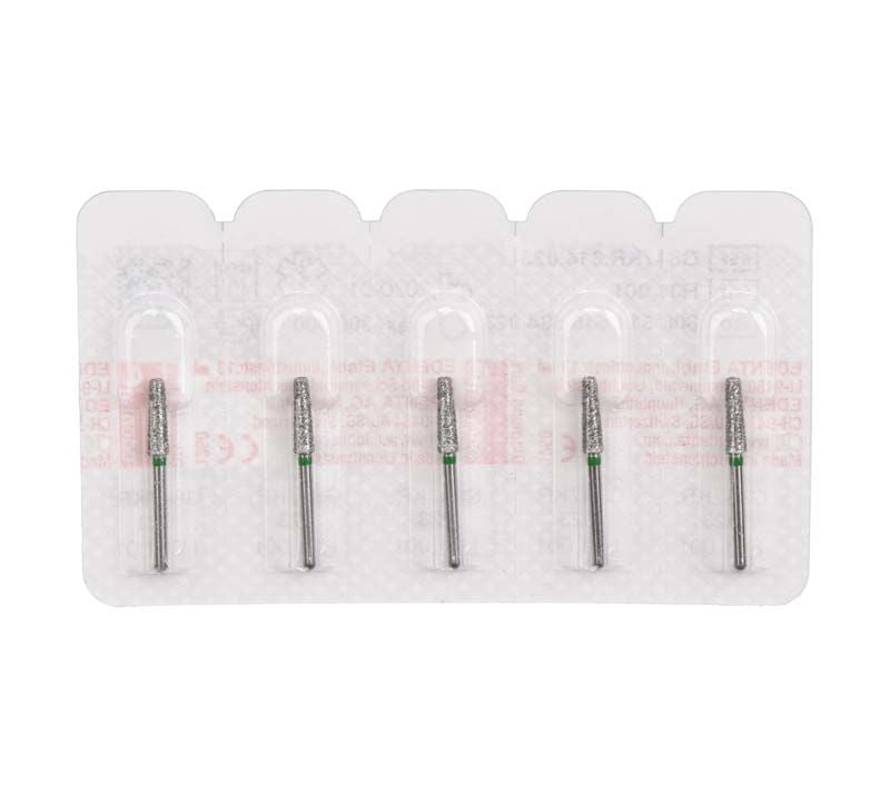 Diamantierte rotierende Dentalinstrumente in Blisterverpackung, fünf Stück.