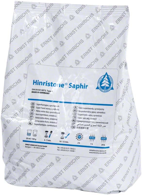 Hinristone® Saphir Superhartgips 5kg Beutel mit Produktinformationen.