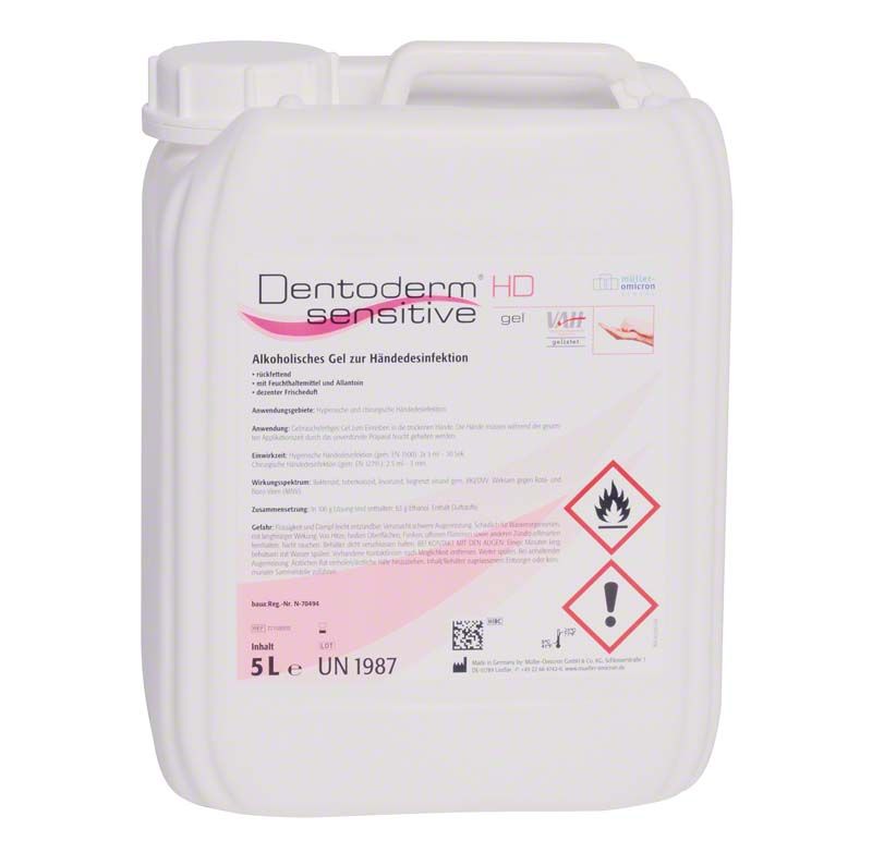 Dentoderm® sensitive HD Gel 5-Liter Kanister mit Warnhinweisen.