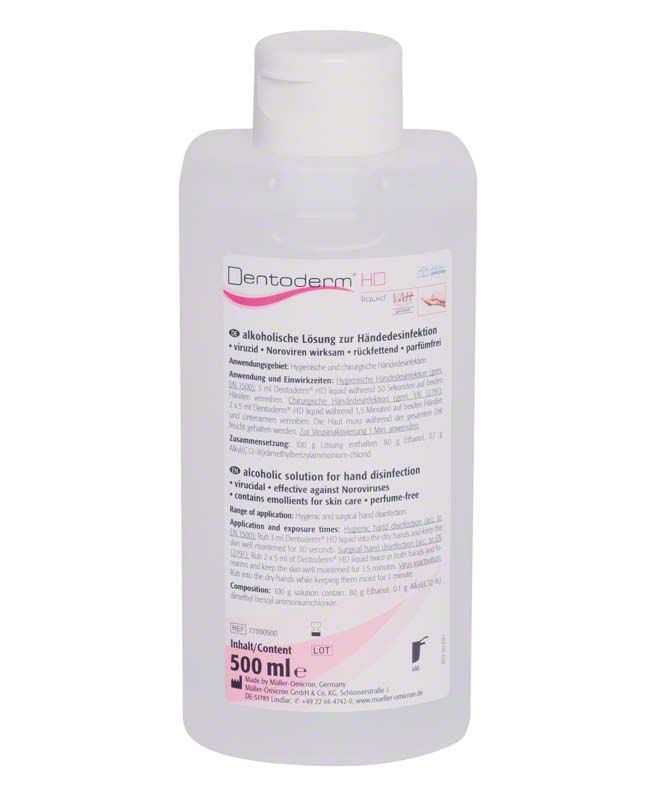 Alkoholische Händedesinfektion Dentoderm® HD in 500 ml Eurospenderflasche.