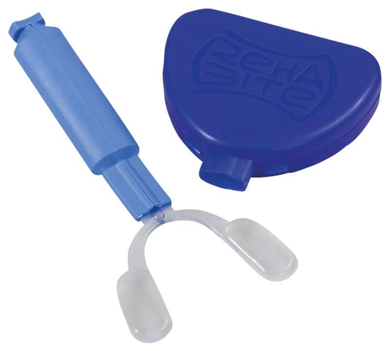 Blaues RehaBite®-Übungsgerät mit passender Aufbewahrungsbox.