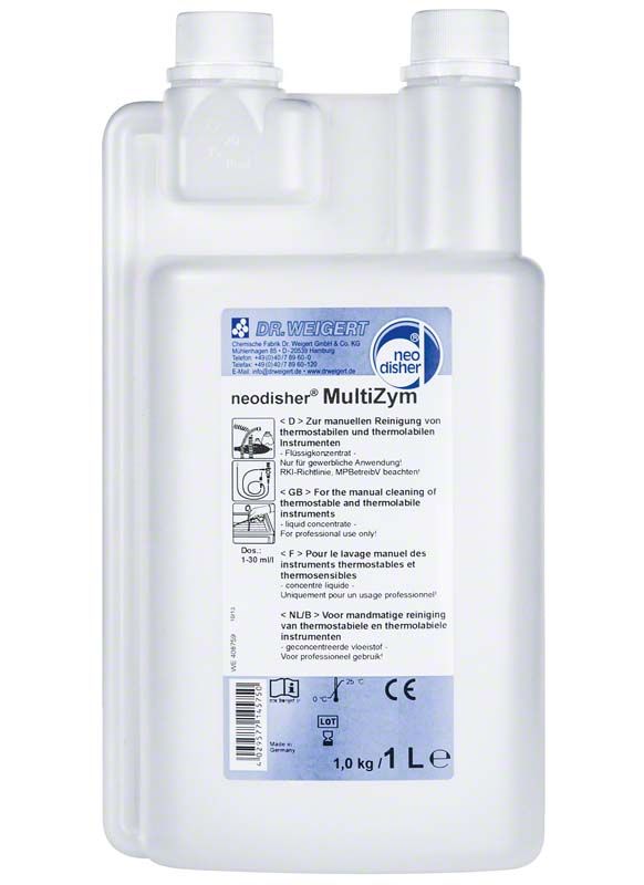 neodisher® MultiZym 1-Liter-Flasche mit Beschriftung in Weiß und Blau