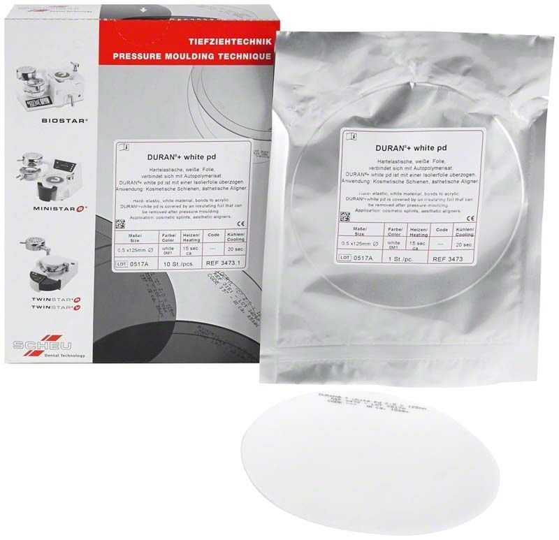 Verpackung und Einzelverpackung von DURAN®+ white pd 0,5mm Tiefziehfolie.