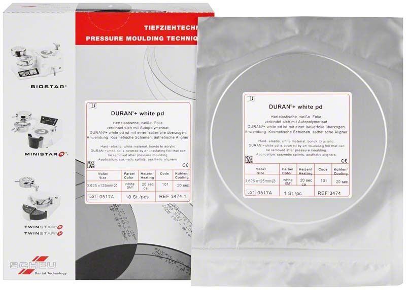Verpackung der DURAN®+ white pd 0,625mm Folie mit Produktinformationen.