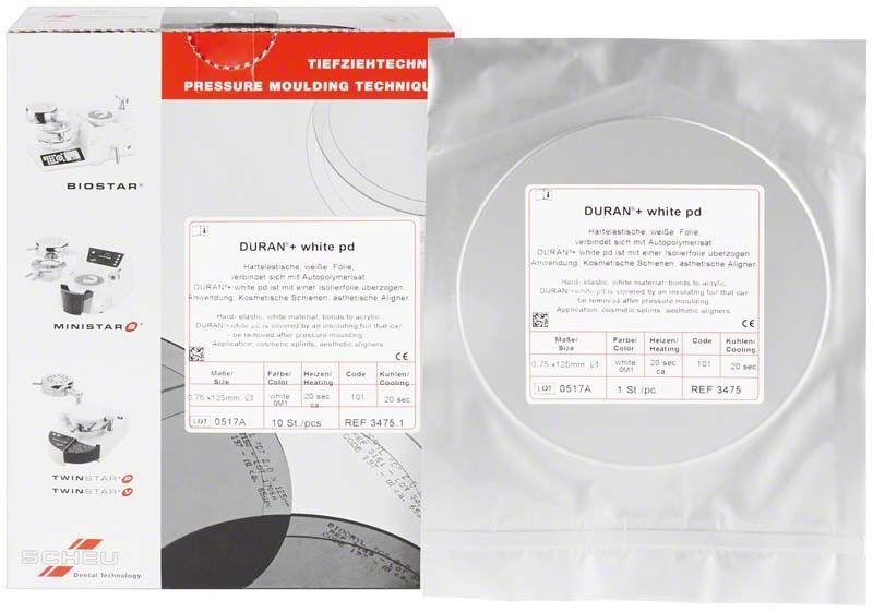 DURAN®+ white pd 0,75mm Folie in weißer Verpackung mit Produktinformationen.