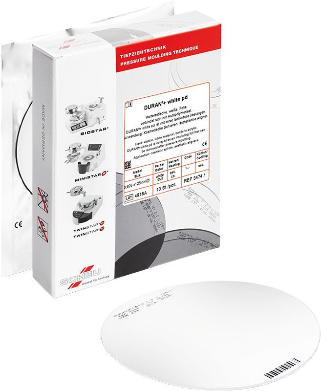 DURAN®+ weißer 1,0mm Kunststoffplatte in Verpackung mit Produktinformationen.