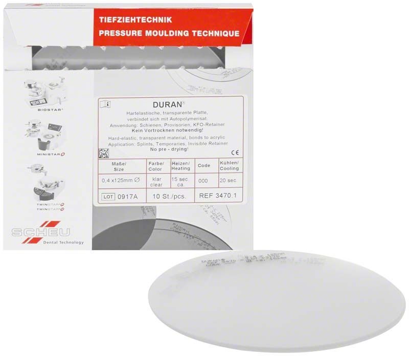 Klarsichtige, runde DURAN® Tiefziehfolie auf Verpackung mit Produktinformationen.