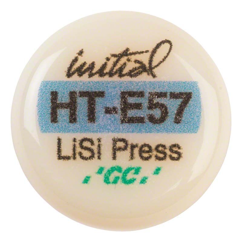 Initial LiSi Press HT E57 Materialprobe mit Produktname und Logo.