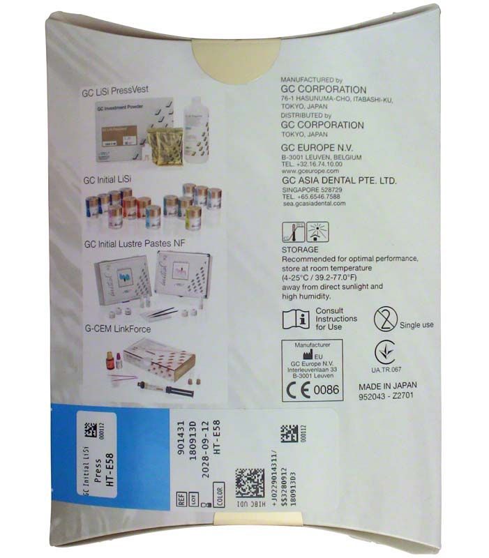 Rückseite der Verpackung von GC Initial™ LiSi Press HT E58 mit Produktinformationen.