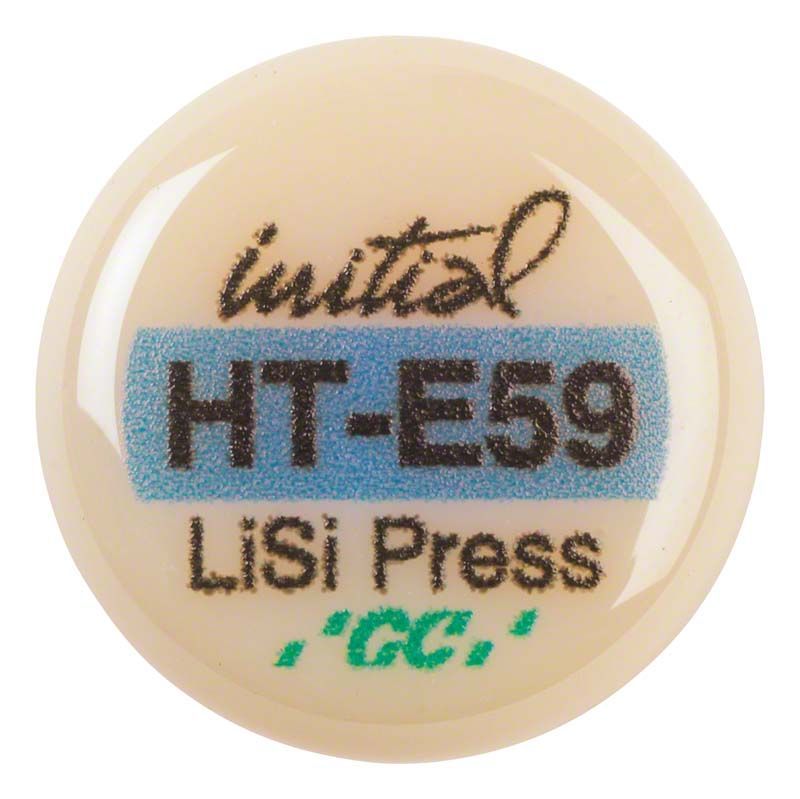 GC Initial LiSi Press HT E59 Presskeramik-Ingot mit Beschriftung.