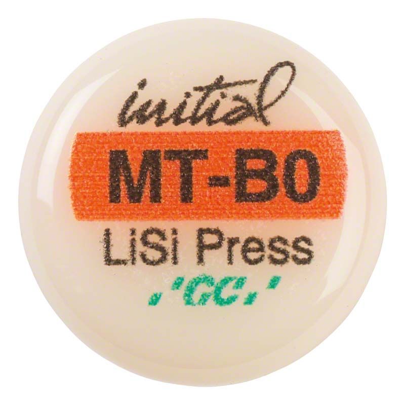 GC Initial LiSi Press MT B0 Keramikingot mit Produktbeschriftung auf weißem Hintergrund.