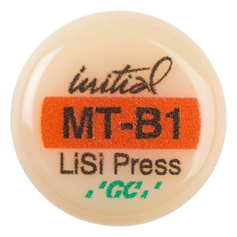 GC Initial™ LiSi Press MT B1 Keramikingot mit Logo und Produktbezeichnung