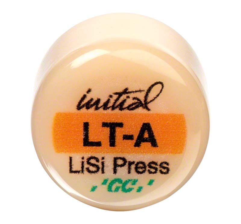 GC Initial™ LiSi Press LT A Keramikblock mit Produktkennzeichnung.