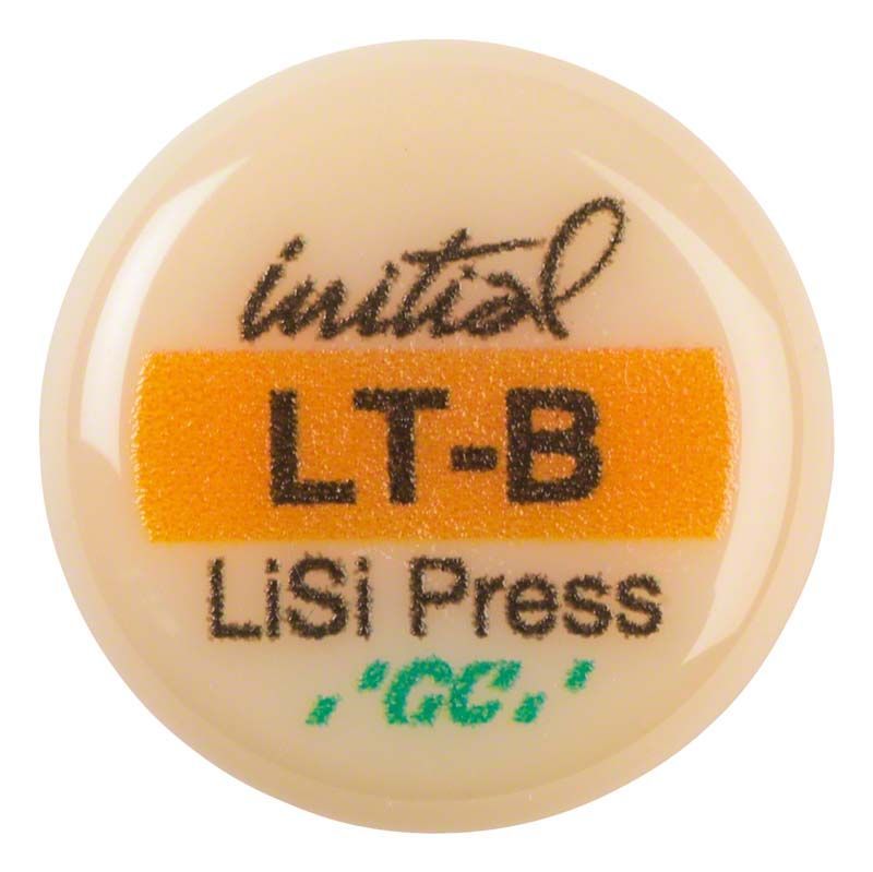 Initial™ LiSi Press LT B Dentalmaterial mit orangem und grünem Text auf beigem Hintergrund