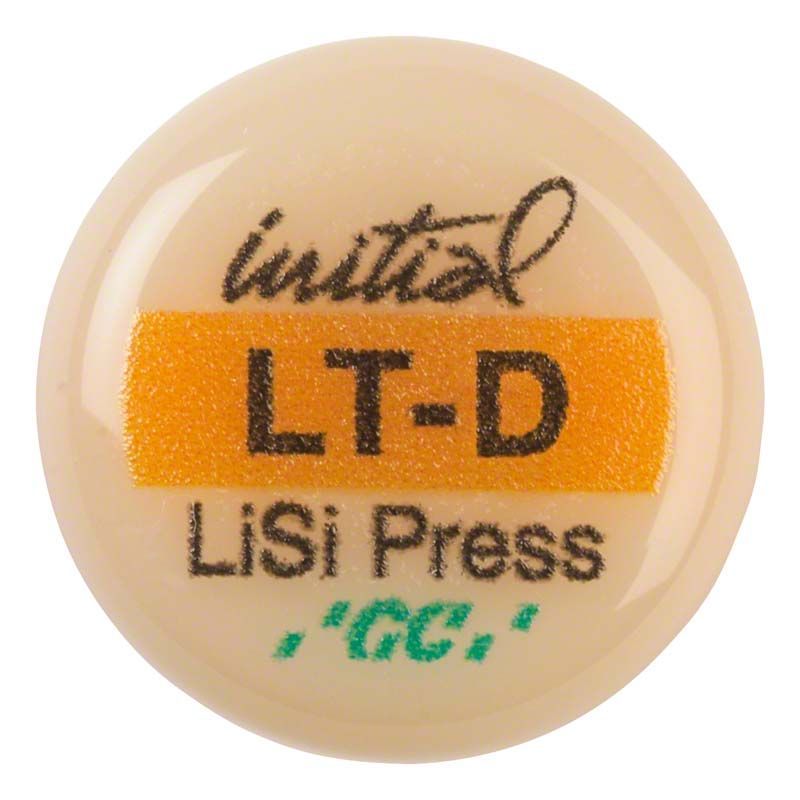 GC Initial™ LiSi Press LT D Scheibe mit Aufschrift und Logo.