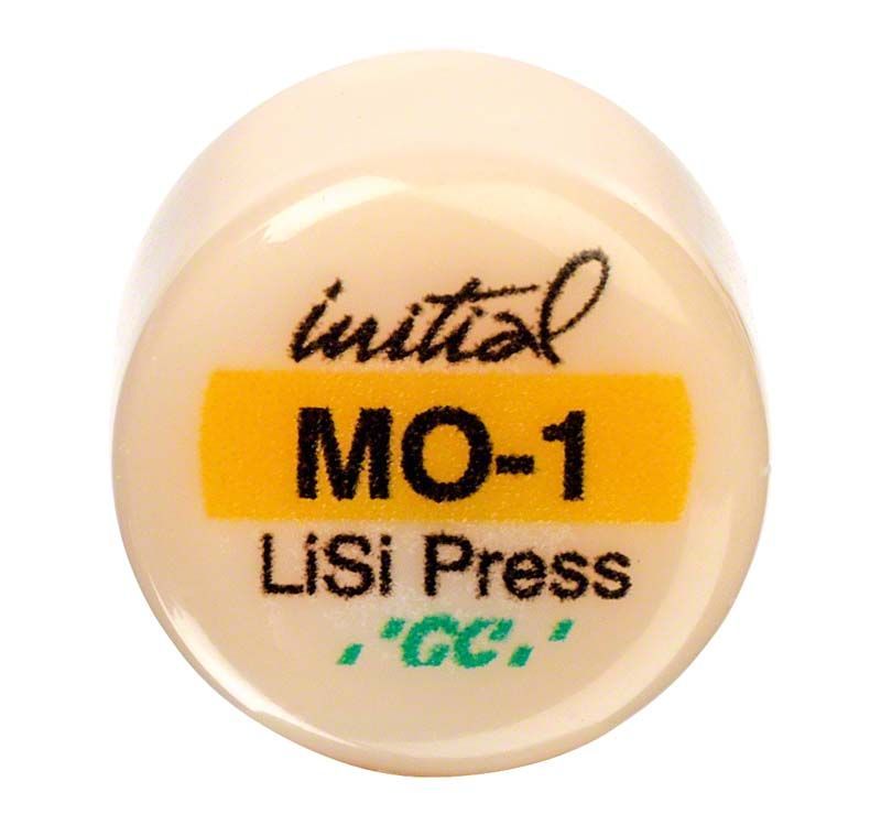 GC Initial LiSi Press MO 1 Ingot mit Beschriftung auf weißem Hintergrund