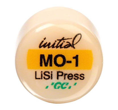 GC Initial LiSi Press MO 1 Ingot mit Beschriftung auf weißem Hintergrund