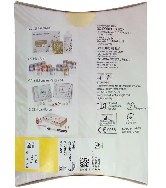 Rückseite der Verpackung von GC Initial LiSi Press MO 1 mit Produktinformationen und Grafiken.