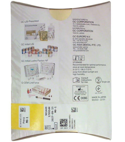Rückseite der Verpackung von GC Initial LiSi Press MO 1 mit Produktinformationen und Grafiken.