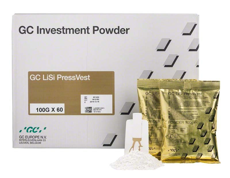 GC LiSi PressVest Pulver 60 x 100g mit Verpackung und Zubehör.