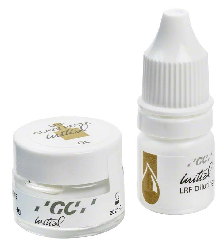 Glasurpaste und Verdünner GC Initial™ LRF mit Verpackungsetiketten.