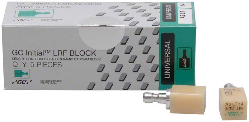 GC Initial™ LRF LT-14 Universal A2 Zahnersatzblock mit Verpackung.