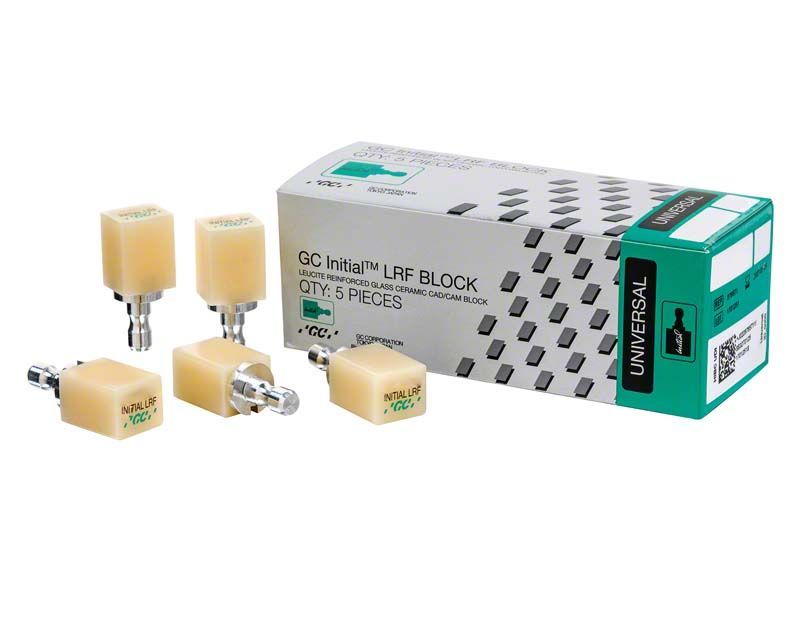 GC Initial™ LRF HT-12 Universal A1 Keramikblöcke neben Verpackung.
