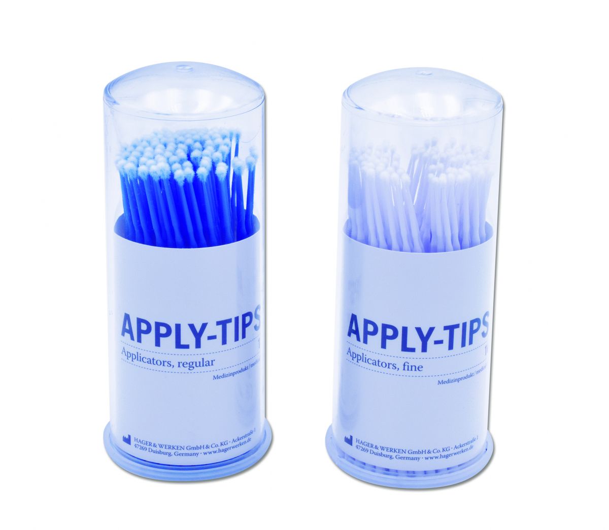 Blauer Applikationsstäbchen-Spender mit 100 Einmal-Applikatoren für dentale Anwendungen.