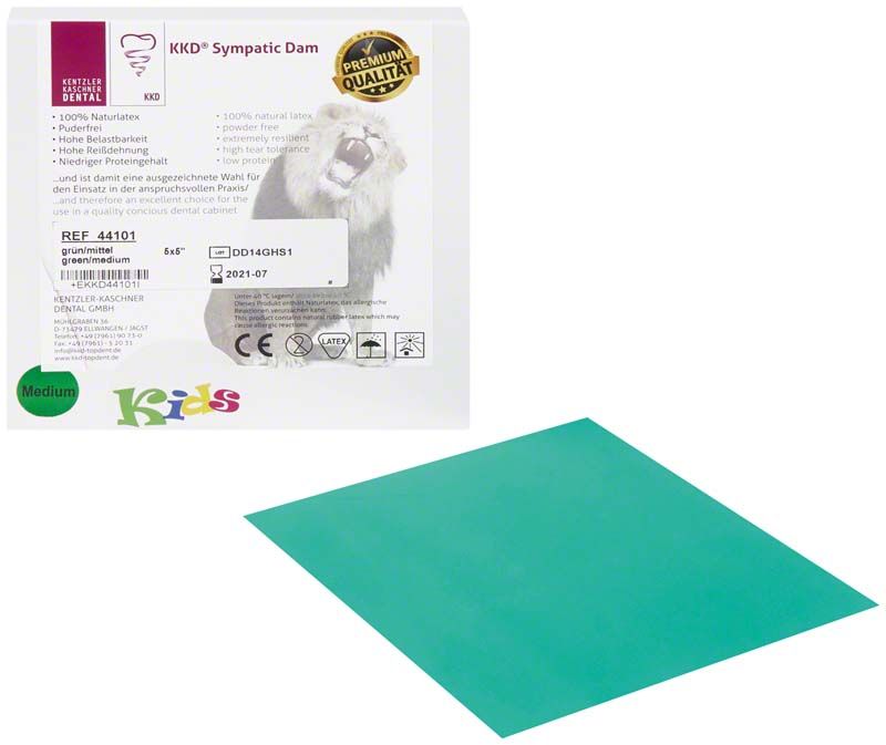 Grüner KKD® Sympatic Dam für Kinder mit Verpackung und Qualitätszertifikat.
