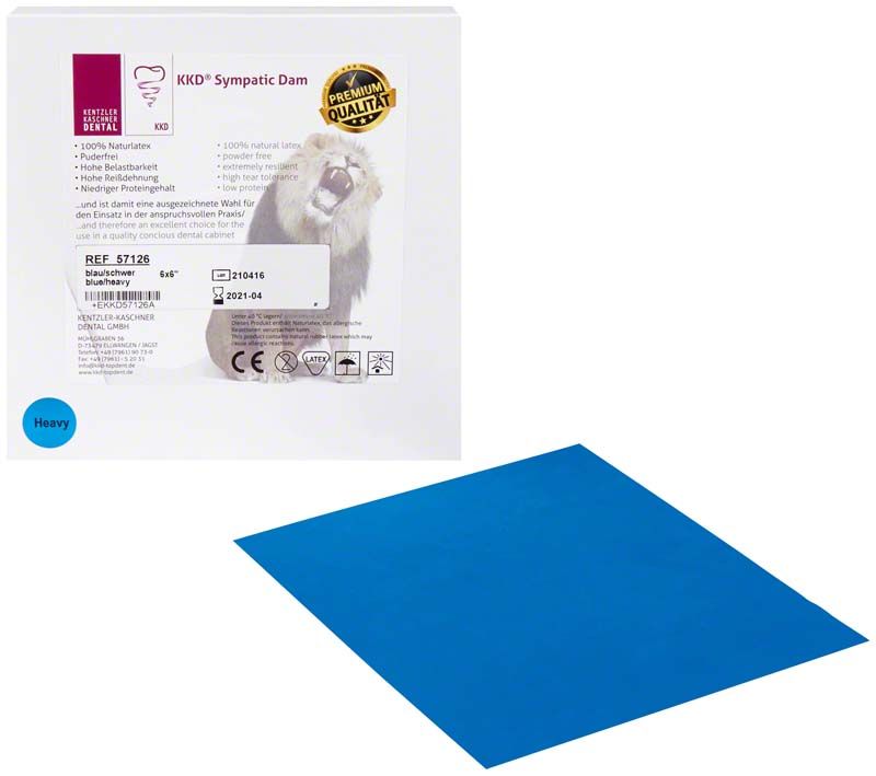 KKD® Sympatic Dam Premium blau, schwer, mit Verpackung und Latextuch.