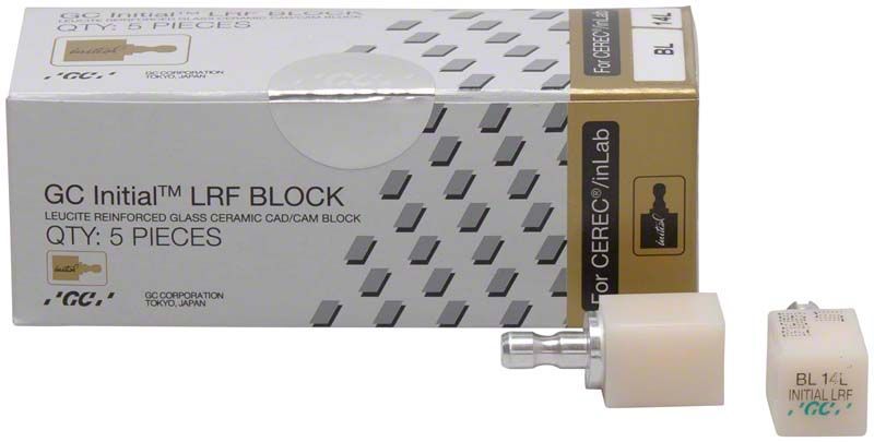 GC Initial™ LRF Bleach CEREC® Block Verpackung mit fünf Zahnersatzblöcken.