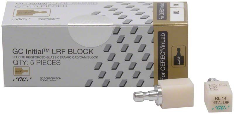 GC Initial™ LRF Bleach CEREC® Gr. 14 Zahnersatzblock und Verpackung.