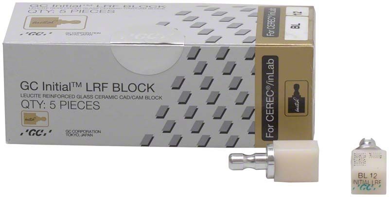 GC Initial™ LRF Bleach CEREC® Gr. 12 Keramikblock und Verpackung.