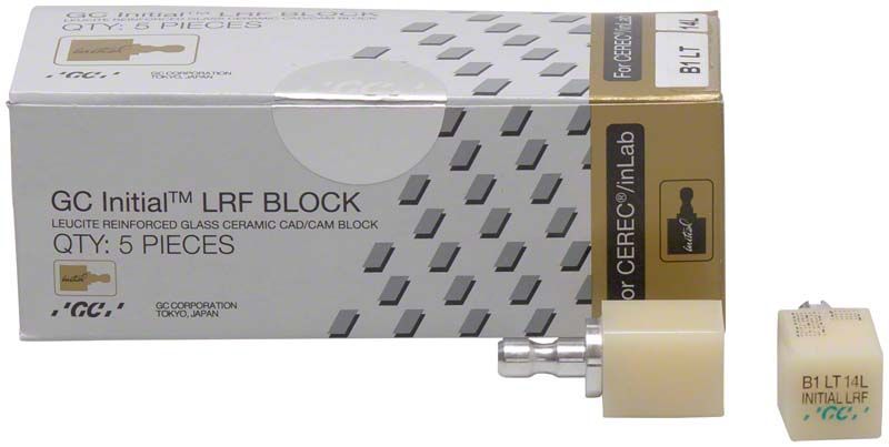 GC Initial™ LRF LT-14L CEREC® B1 Block mit Verpackung.