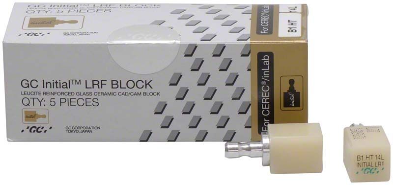 GC Initial™ LRF HT-14L CEREC® B1 Block mit Verpackung.
